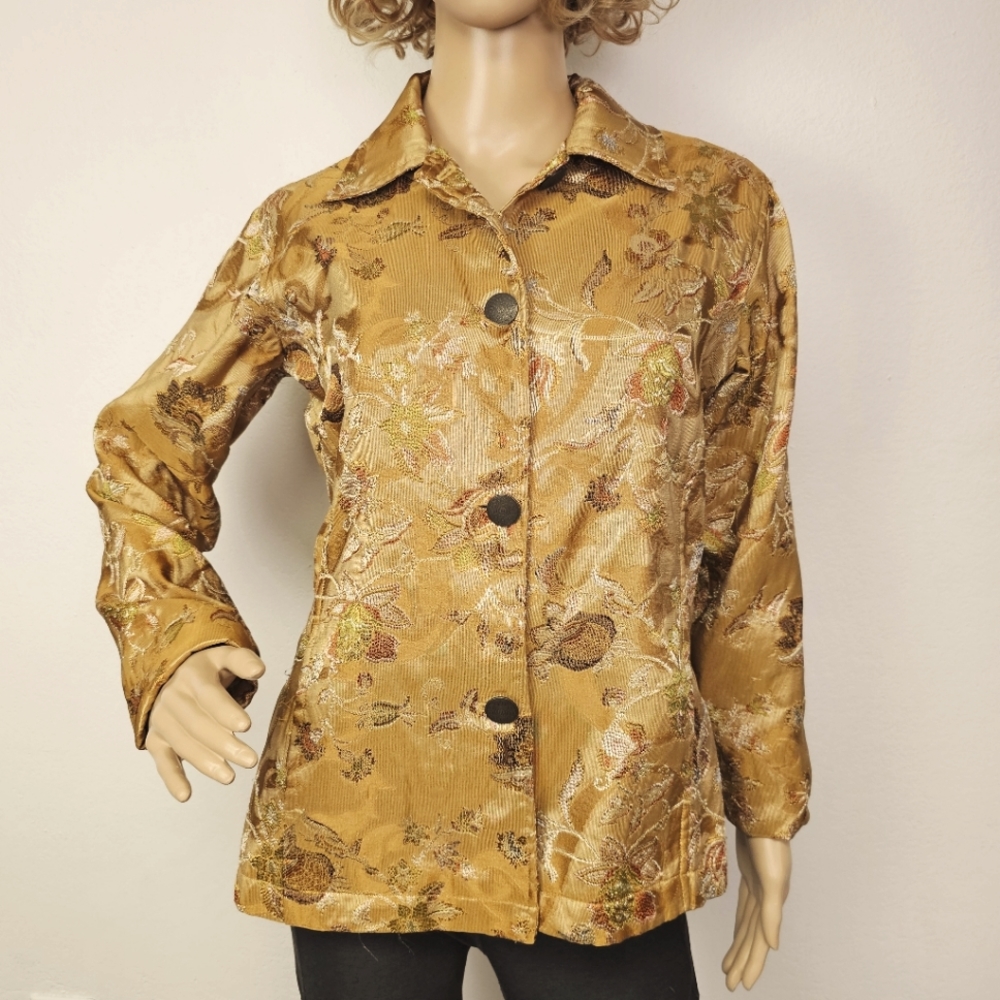 Chico's Blazer/Jacket Shiney Gold Faux Lame' Floral Sz S Sparkle Mobwife Holiday